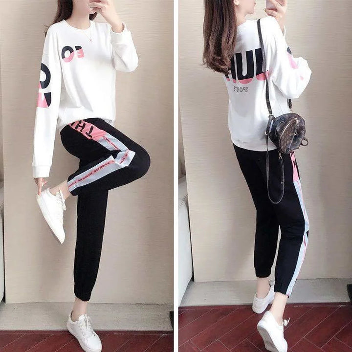 Trendy women's apparel: a complete two-piece tracksuit set with a chic sweater and complementary pants.
