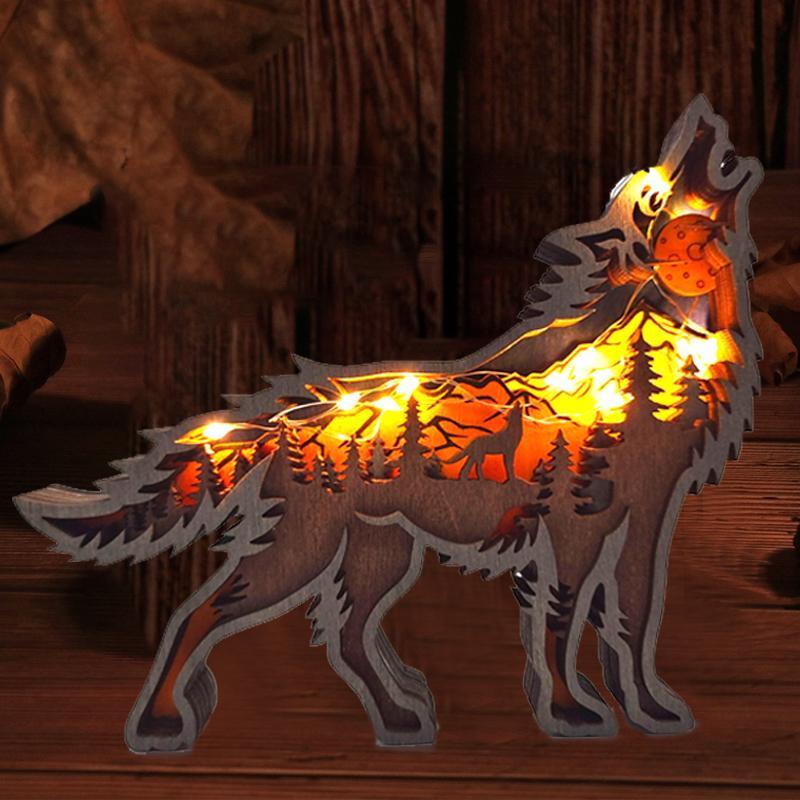 Wooden forest wolf ornament, rustic carved decor for home, lighted festive gift for Christmas