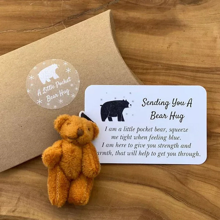 Cute brown pocket bear plush toy keychain, small and cuddly, with an encouraging message tag.
