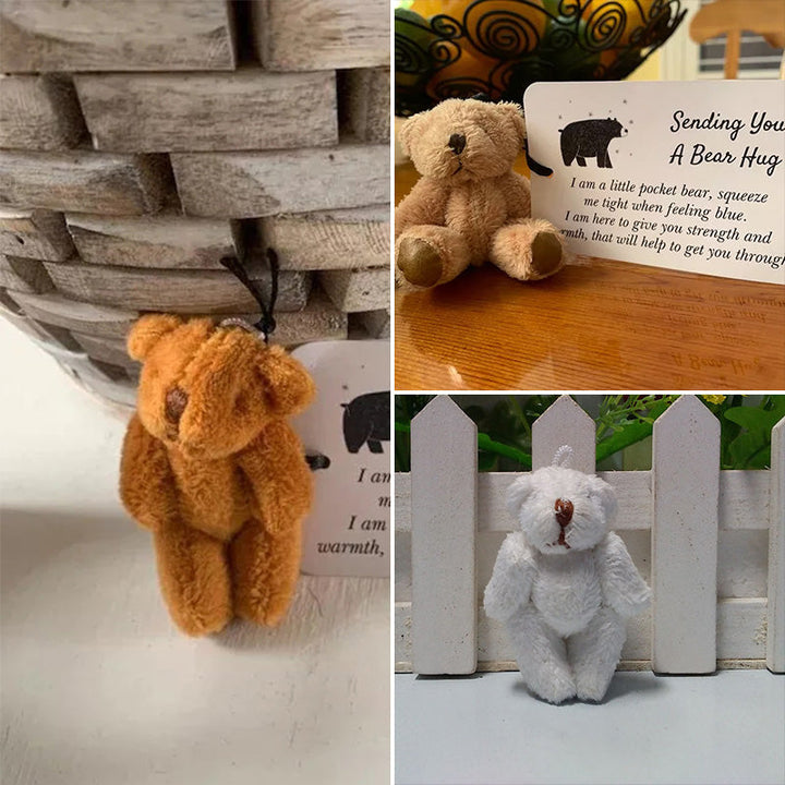 Front view of a brown pocket bear plush toy keychain, highlighting its sweet expression.