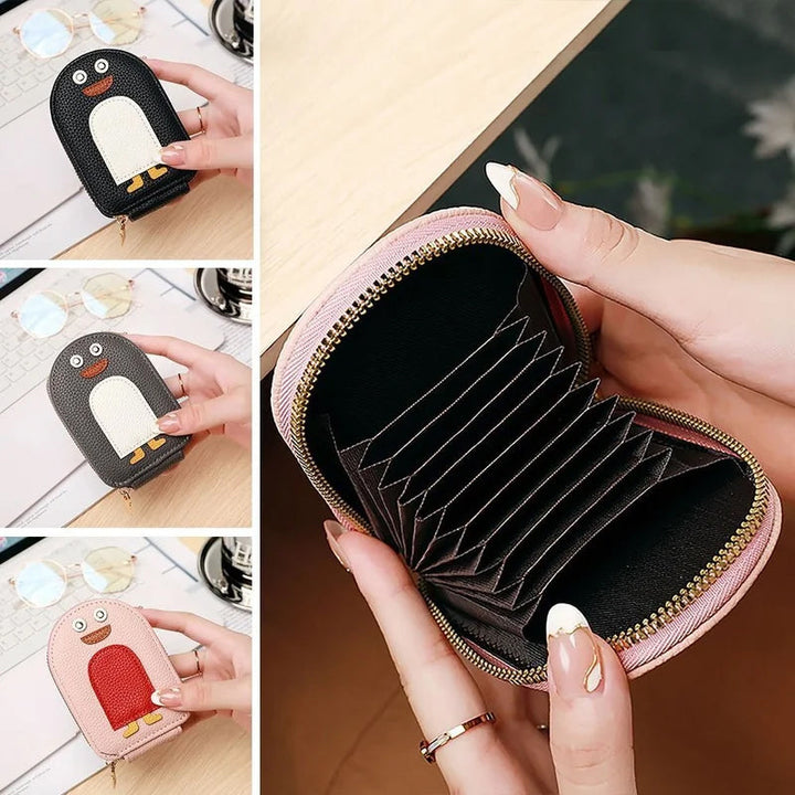 Stylish PU leather coin purse and cardholder for women, depicting a cute penguin.