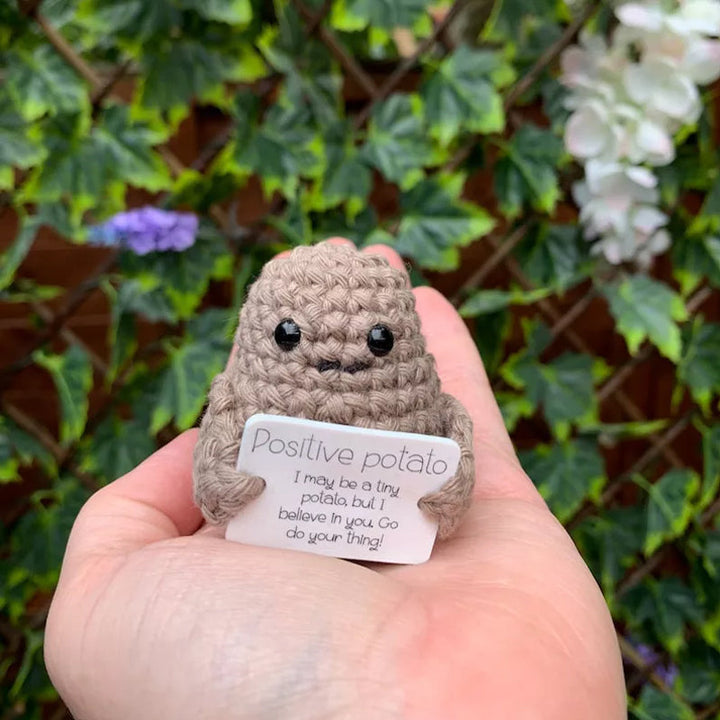 Positive potato knitted doll on a bookshelf, a charming piece of desk decor and a constant source of encouragement.