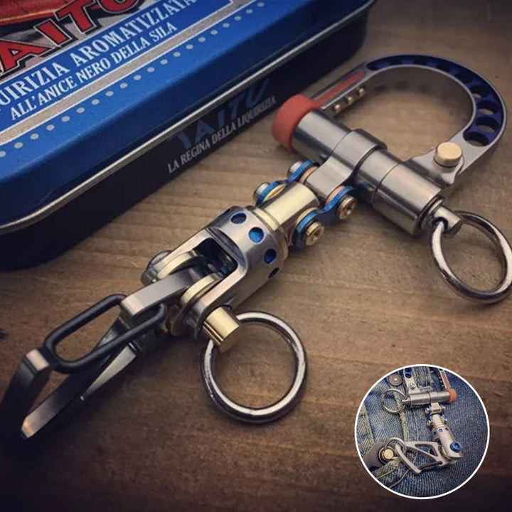 Cyberpunk metal keychain with detachable components, industrial design. Keywords: cyberpunk, keychain, metal, accessory