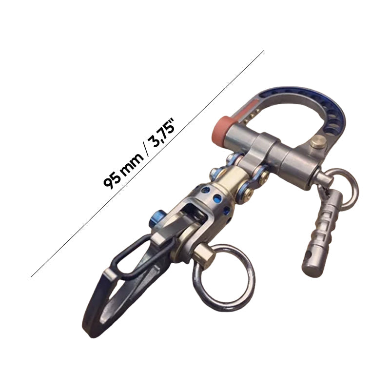 Cyberpunk keychain with a mix of industrial and high-tech aesthetics, made from strong metal. Keywords: cyberpunk, metal