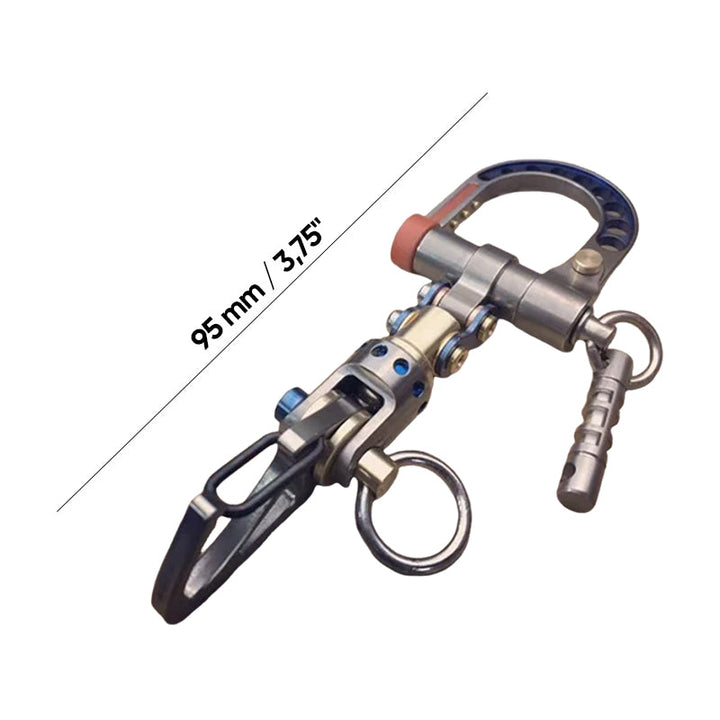 Cyberpunk keychain with a mix of industrial and high-tech aesthetics, made from strong metal. Keywords: cyberpunk, metal