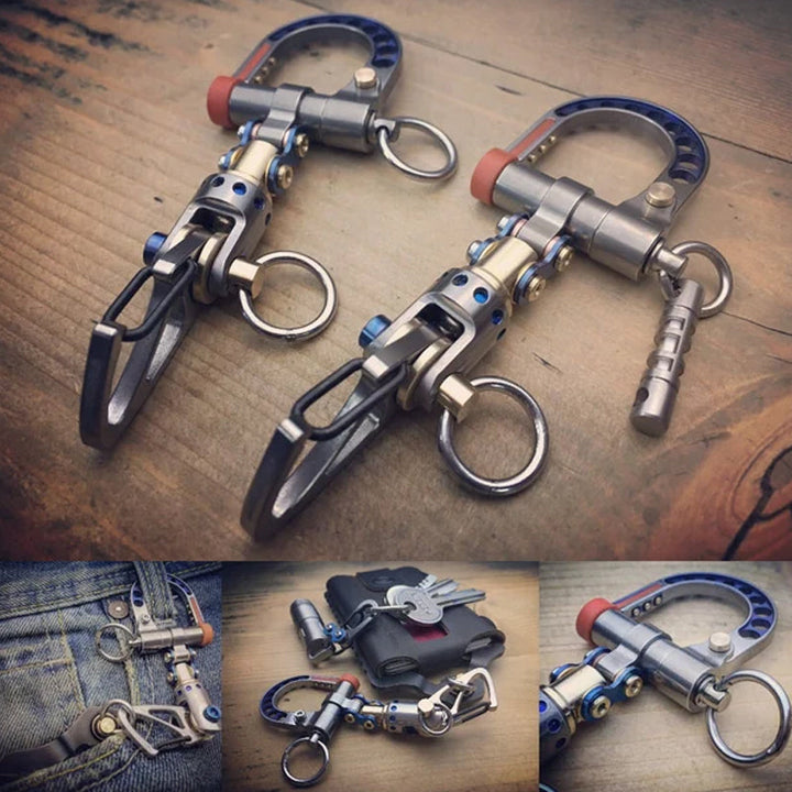 Close-up of a titanium cyberpunk keychain, showcasing intricate details and detachable parts. Keywords: titanium, keychain, metal