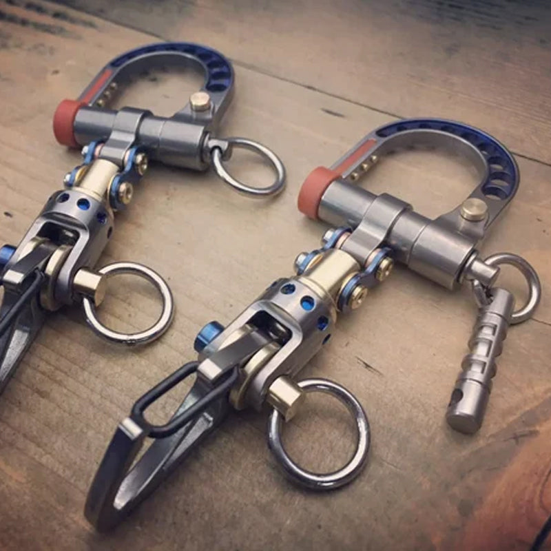 Hand holding a unique cyberpunk metal keychain, highlighting its detachable features and gift potential. Keywords: gift, keychain
