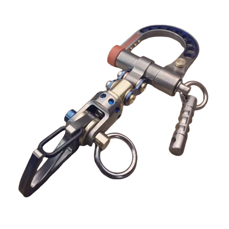 Assorted detachable components for a cyberpunk metal keychain laid out, showing versatility. Keywords: detachable, customizable