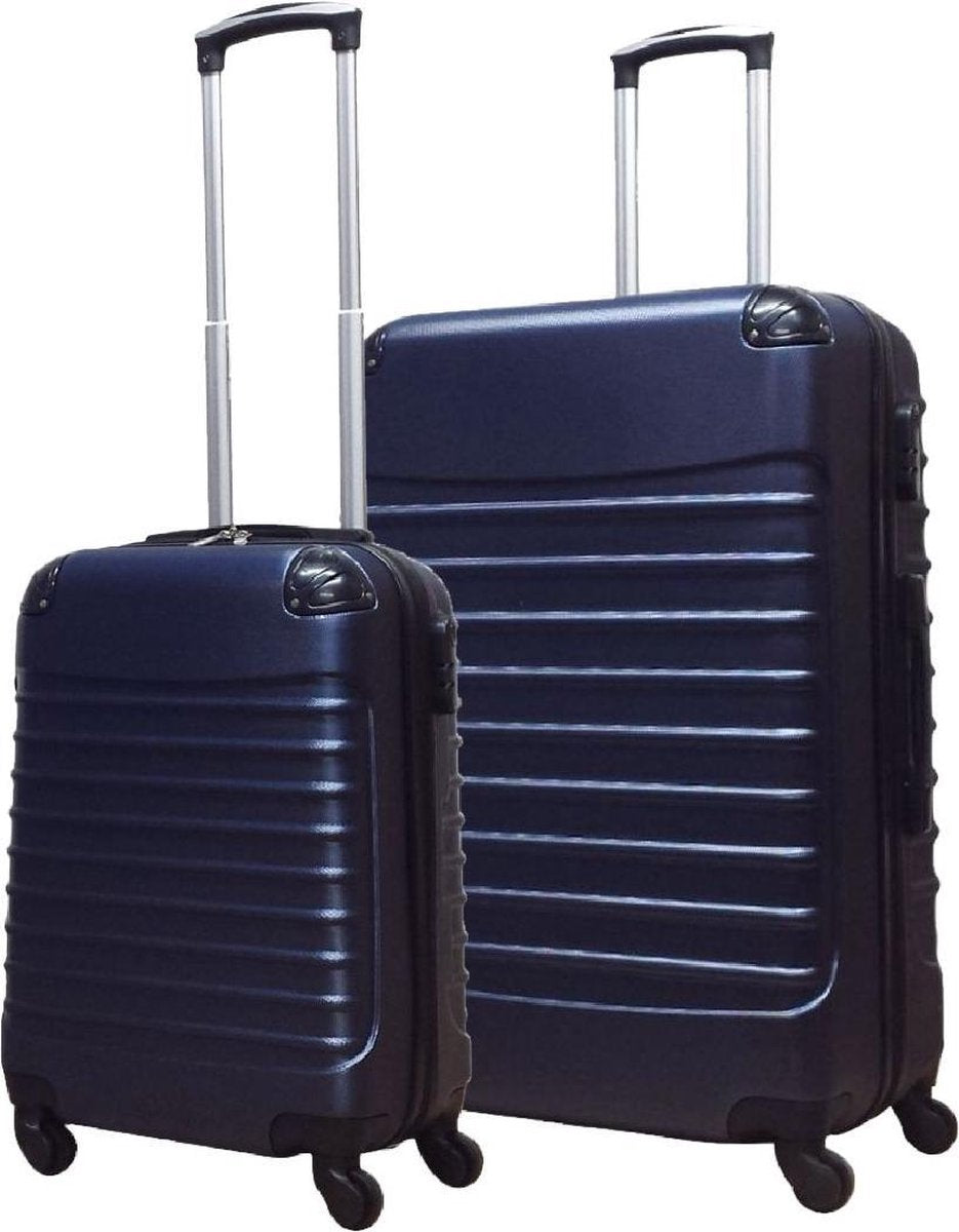 Durable dark blue hard shell 2-piece suitcase set for secure, easy travel; spinner wheels.