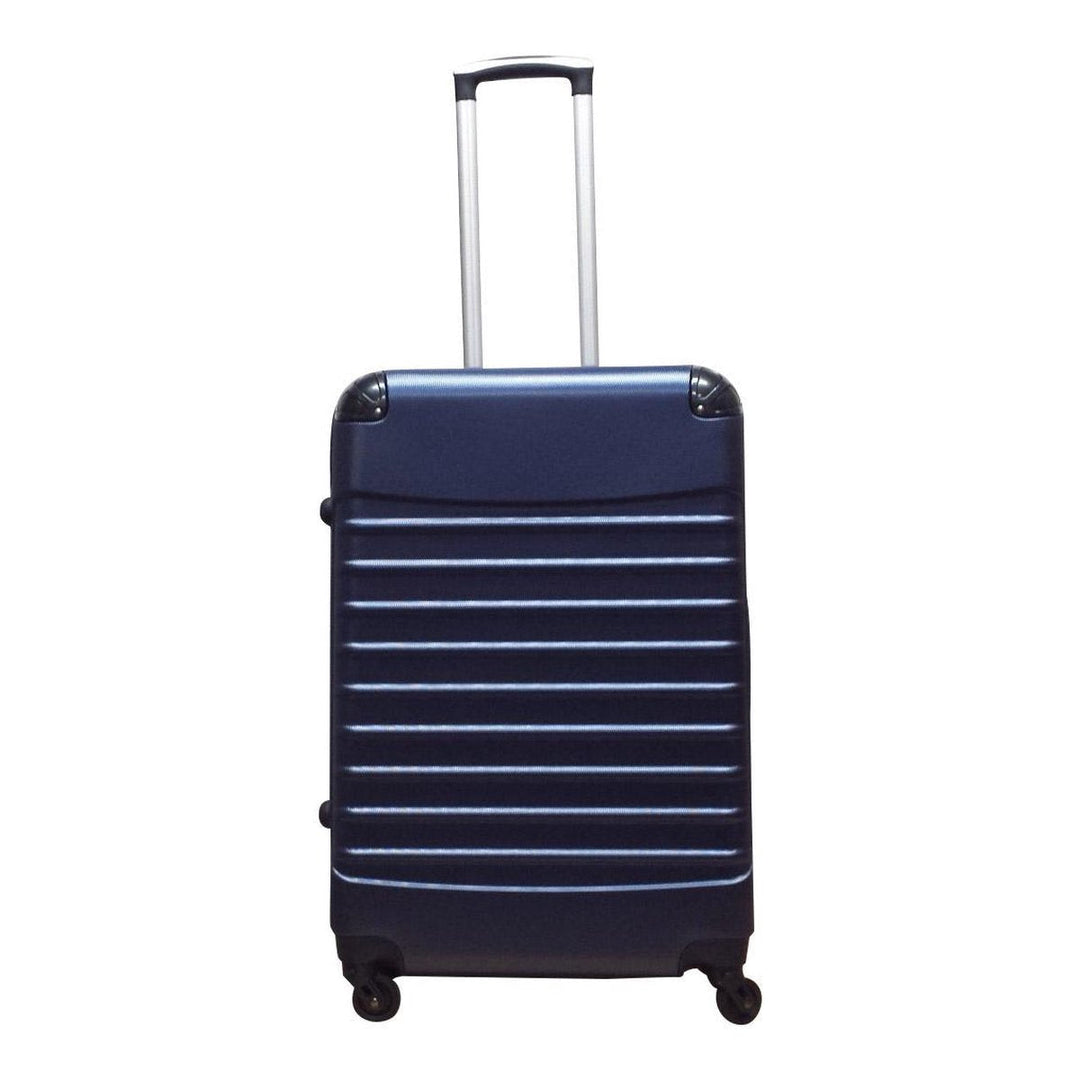 Modern dark blue 2-piece ABS hardshell luggage set, offering robust protection & easy mobility for travelers.