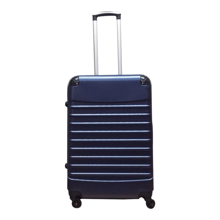 Modern dark blue 2-piece ABS hardshell luggage set, offering robust protection & easy mobility for travelers.
