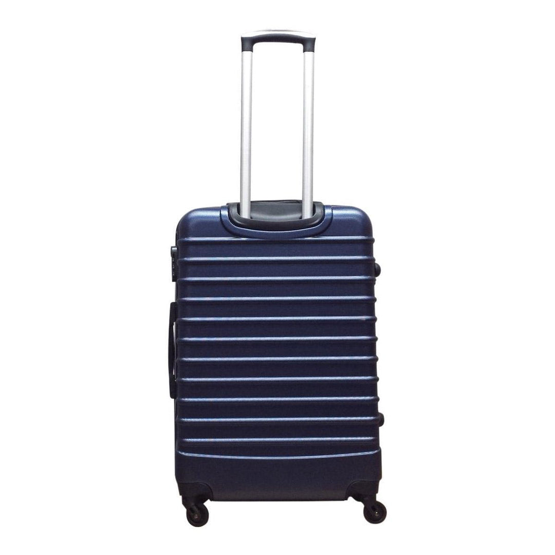 Robust dark blue ABS hardshell luggage set with spinner wheels, offering secure & lightweight travel.