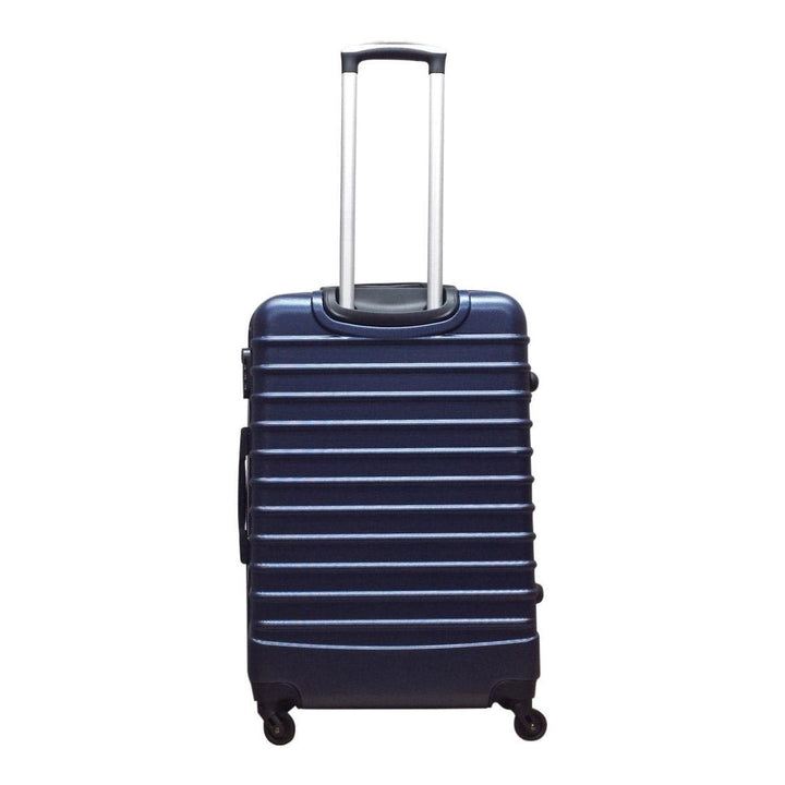 Robust dark blue ABS hardshell luggage set with spinner wheels, offering secure & lightweight travel.