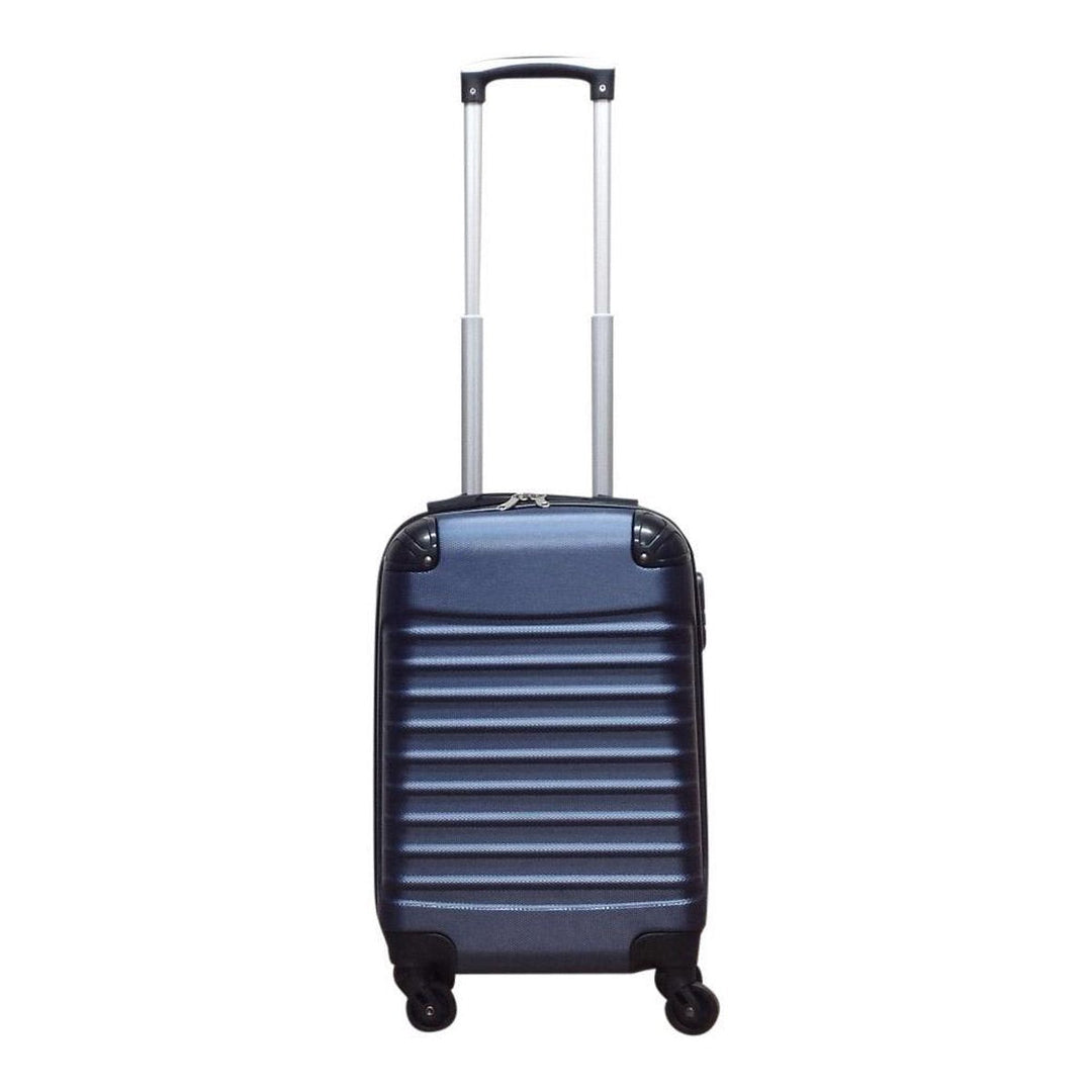Premium dark blue 2-piece ABS hardshell luggage set, including carry-on & checked suitcase with spinner wheels.
