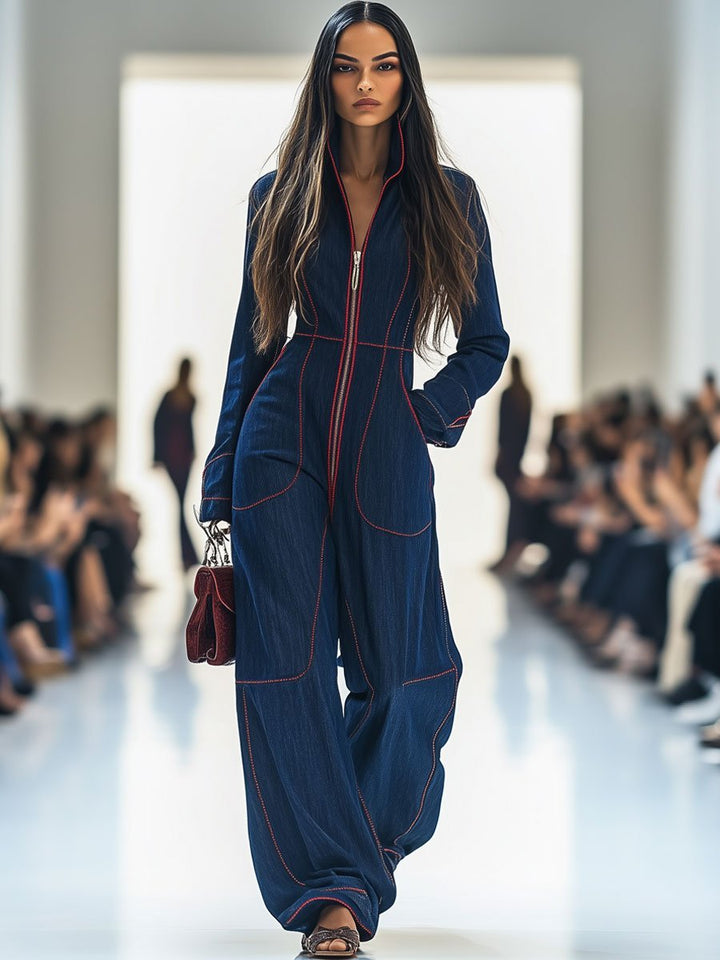 Elegant dark blue wide leg jumpsuit, women's fashion with long sleeves and a stylish zip front closure.