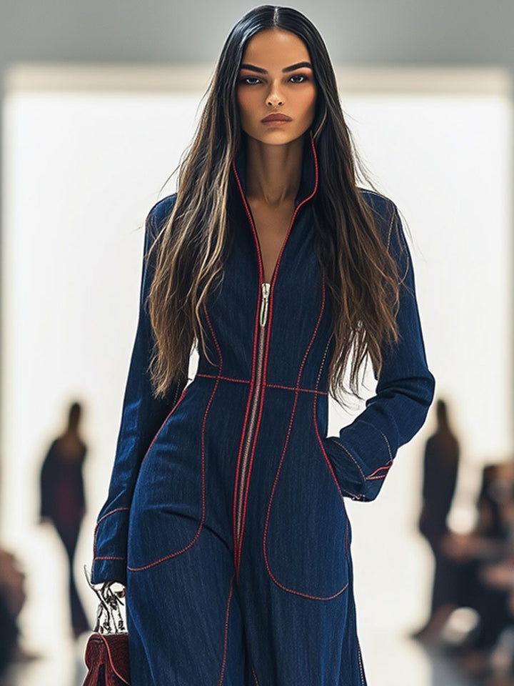 Casual yet chic women's dark blue wide leg jumpsuit. Long sleeve design with a convenient zip front.
