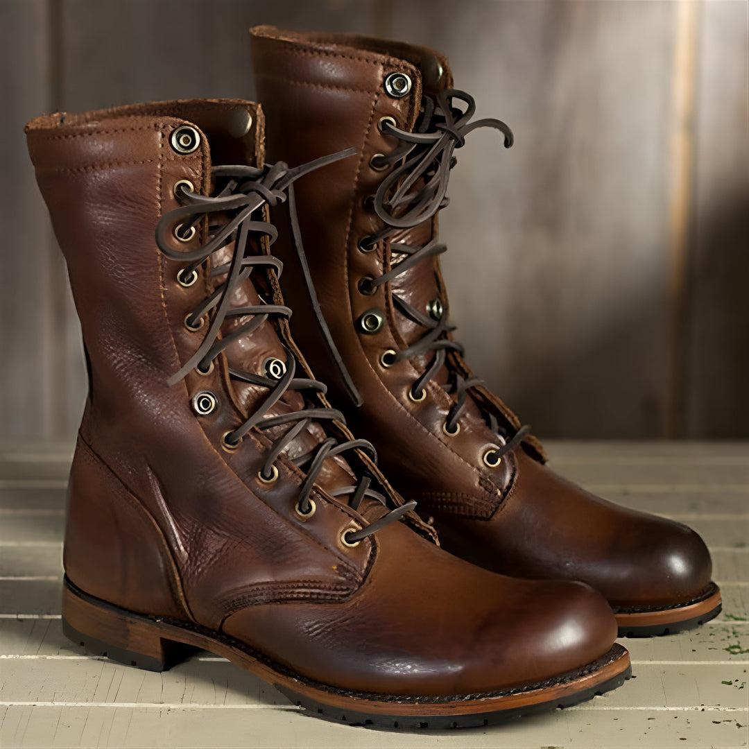 Dark brown men's high-top combat boots with anti-slip soles for comfortable all-day wear. Rugged, vintage style.