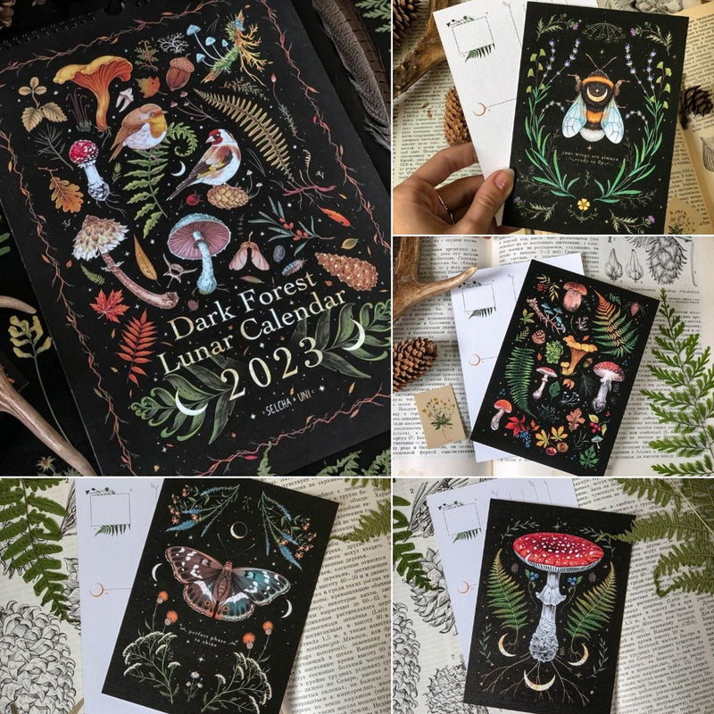 Top-down view of the Dark Forest Lunar Calendar, displaying its full 'dark forest' themed artwork