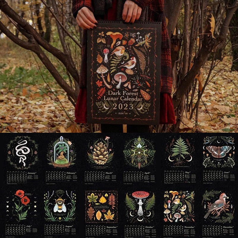 Dark Forest Lunar Calendar next to mystical elements like crystals, enhancing its witchy vibe