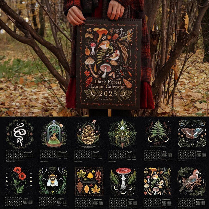 Dark Forest Lunar Calendar next to mystical elements like crystals, enhancing its witchy vibe