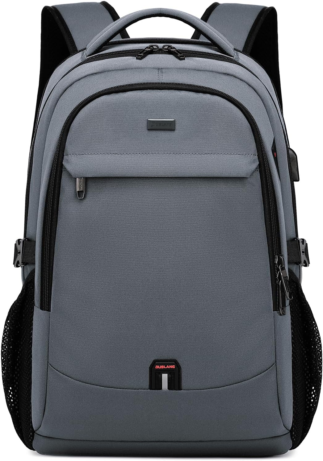 Dark gray unisex water-resistant laptop backpack with USB charging port, perfect for travel & commuting.