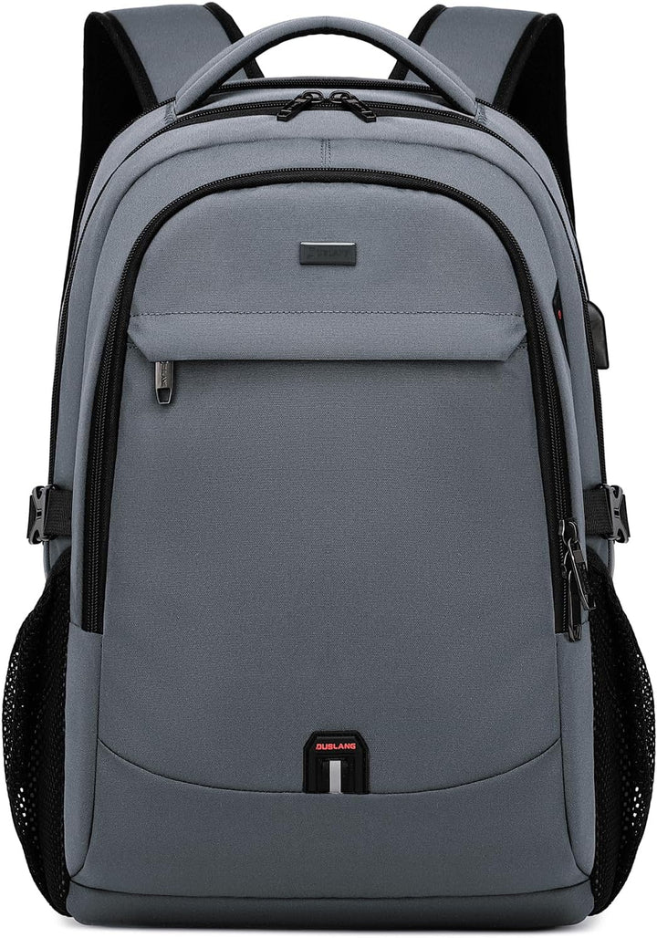 Dark gray unisex water-resistant laptop backpack with USB charging port, perfect for travel & commuting.