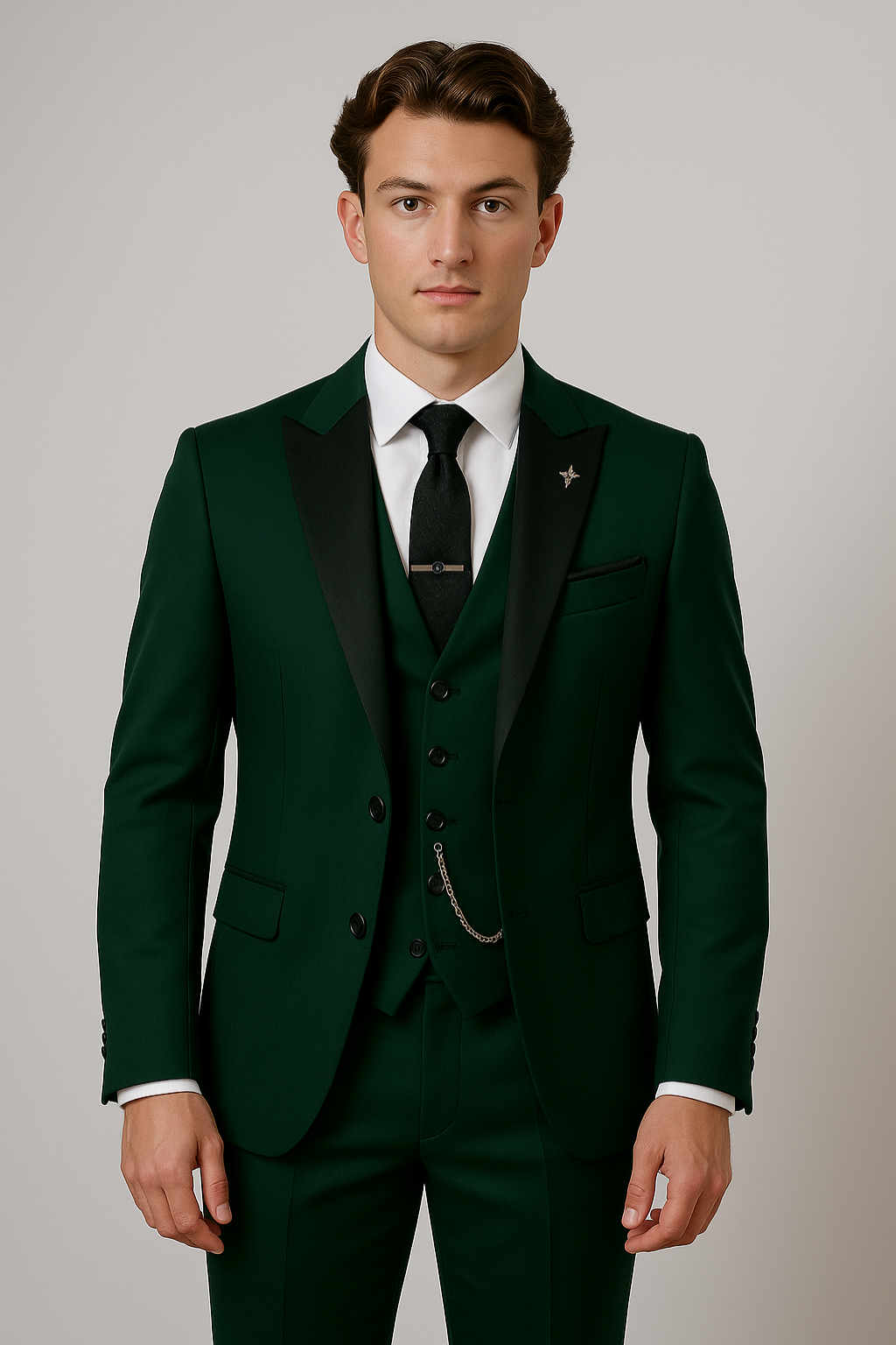 Dark green three-piece men's suit with elegant contrast lapel. Ideal for formal events, weddings, or business attire.
