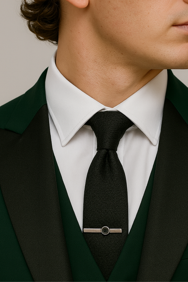 Slim fit dark green three-piece men's suit. Features stylish contrast lapel, perfect for weddings & parties.