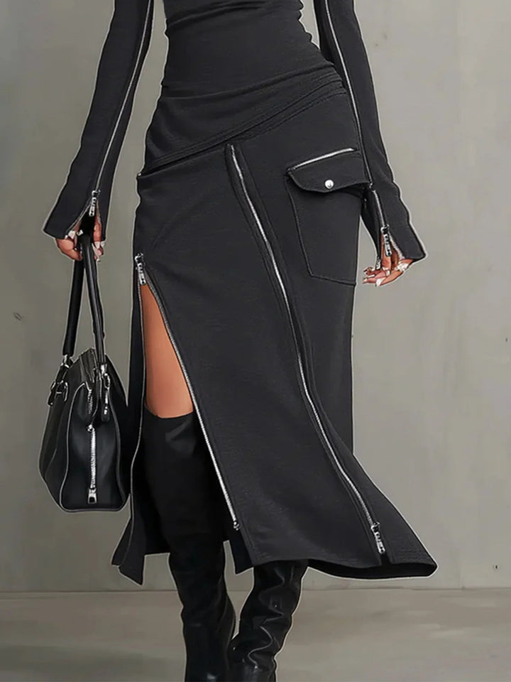 Fashion-forward women's dark grey two-piece outfit with a cozy turtleneck and a stylish zipper pocket midi skirt.