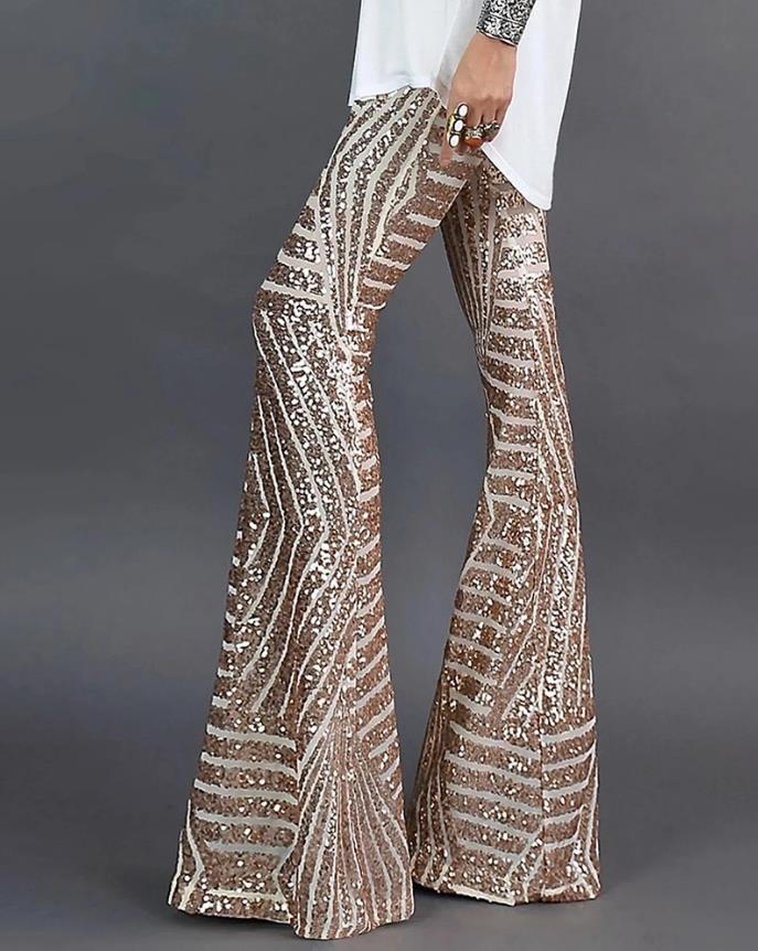 Dazzling glitter wide-leg flared trousers for women, perfect for party, festival, or evening wear. A statement piece.