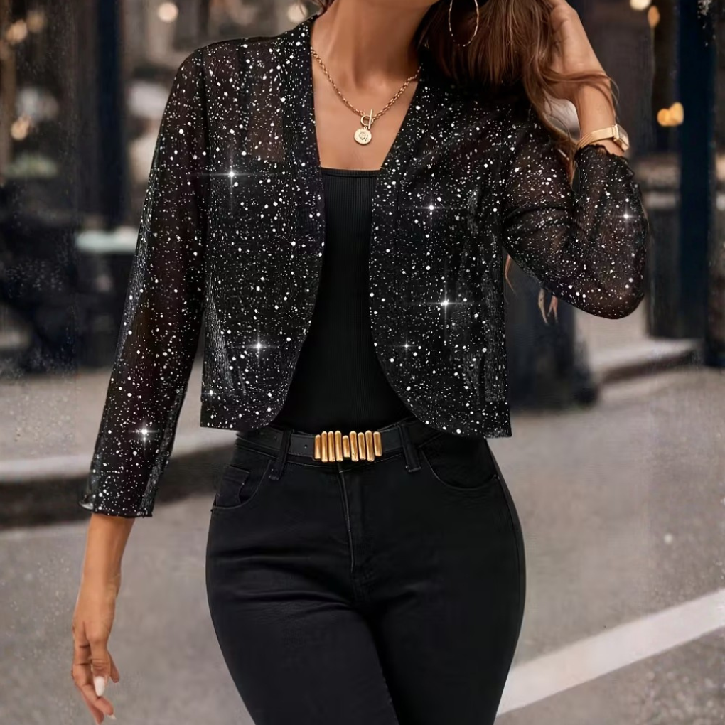 Sparkling women's open-front jacket, ideal for chic layering & evening wear. Glamorous party top & elegant coverup.