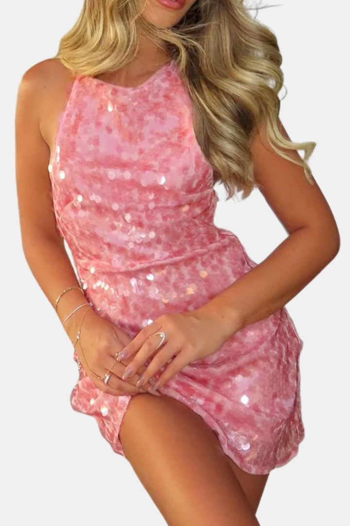 Sparkling short sequin bodycon dress for women, featuring a chic halter neckline, ideal for parties.