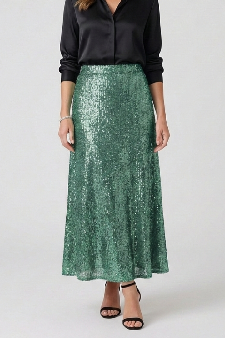 Fashionable women's sequin maxi skirt, perfect as a sparkling party skirt or elegant evening attire.