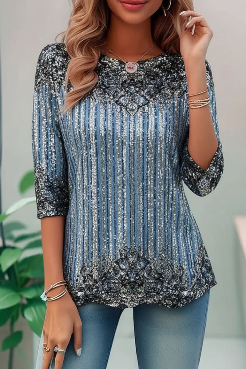 Glamorous women's sequin open back top with three-quarter sleeves, perfect for stylish evening party wear.