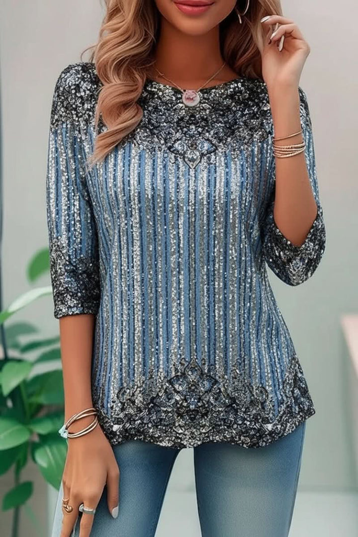 Glamorous women's sequin open back top with three-quarter sleeves, perfect for stylish evening party wear.