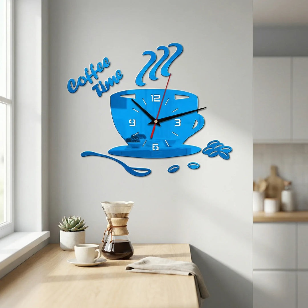 Decorative blue coffee cup wall clock, perfect for kitchen decor or a unique cafe-style home accent.