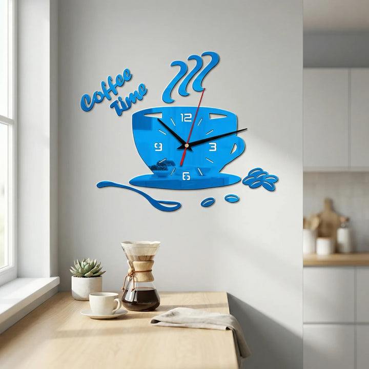 Decorative blue coffee cup wall clock, perfect for kitchen decor or a unique cafe-style home accent.