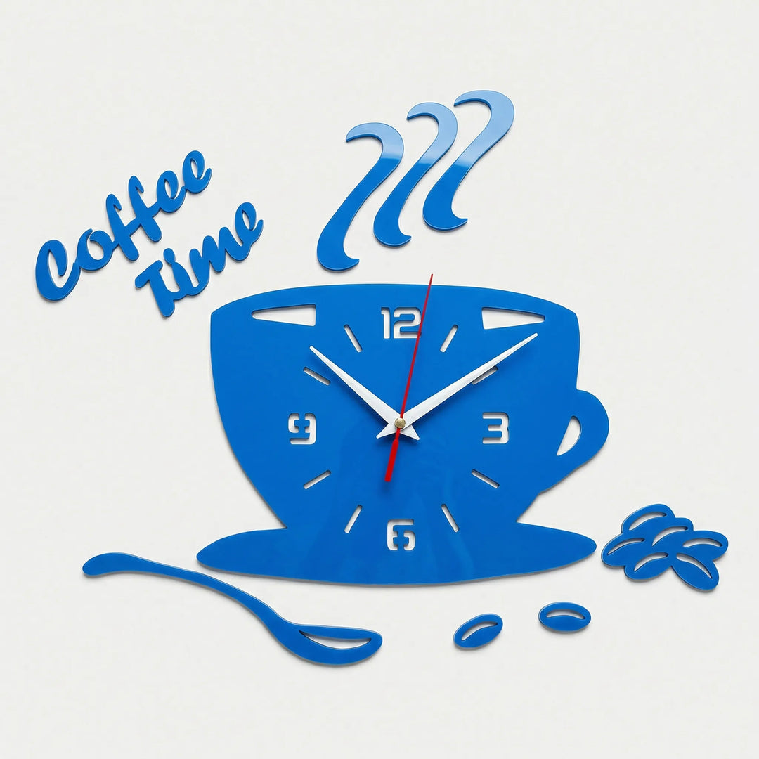 Unique coffee cup shaped wall clock in blue, ideal as a kitchen clock or coffee lover's gift.
