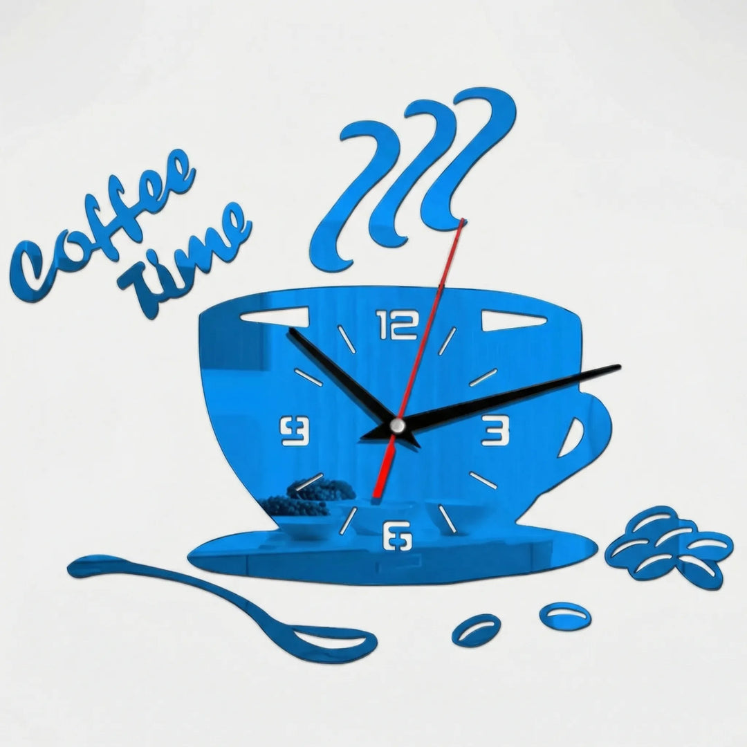 Blue coffee cup wall clock, a unique gift for coffee lovers, enhancing kitchen or cafe style decor.