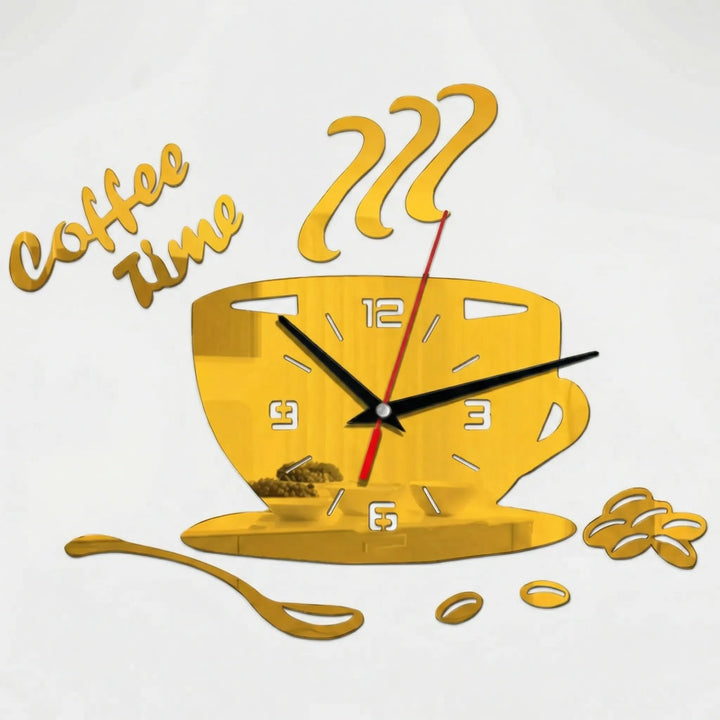 Blue coffee cup wall clock, a decorative and unique kitchen clock for any coffee-themed home accent.