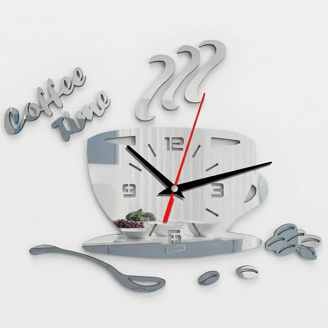 Chic blue coffee cup wall clock, an excellent gift for coffee enthusiasts to stylishly adorn their kitchen.