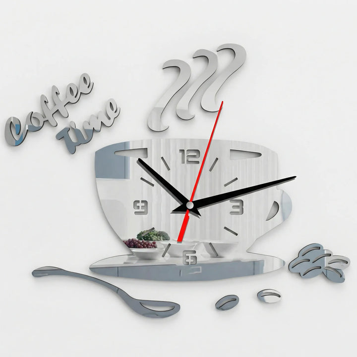 Chic blue coffee cup wall clock, an excellent gift for coffee enthusiasts to stylishly adorn their kitchen.