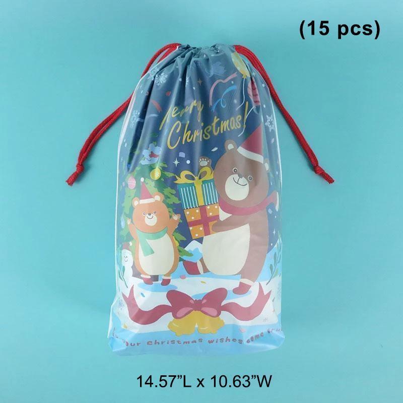 Decorative Christmas gift bag with drawstring closure, perfect for holiday gifts and party supplies.