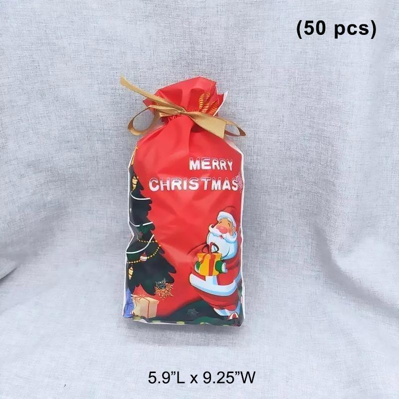 Collection of colorful decorative gift bags with drawstrings, essential Christmas wrapping supplies.
