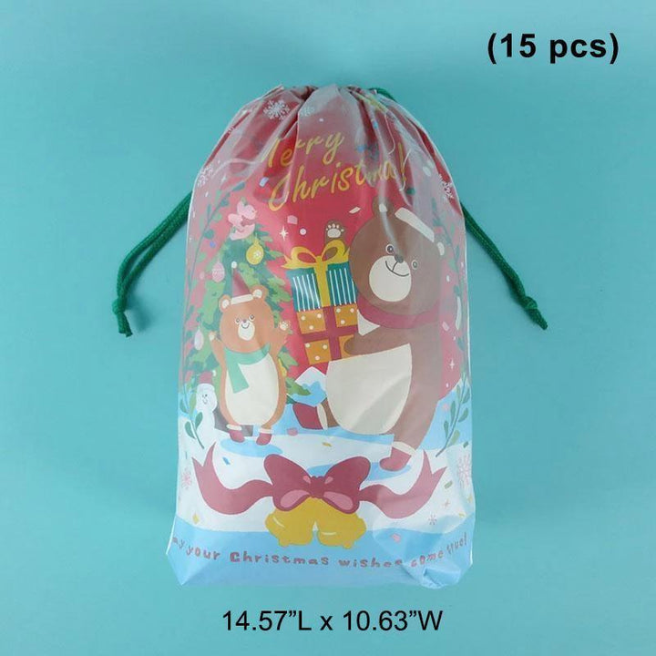 Festive red drawstring gift bag with a unique snowman design, ideal for Christmas wrapping.