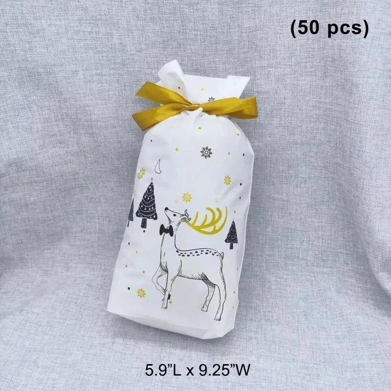 Set of assorted Christmas gift bags with drawstrings, perfect for various holiday presents.
