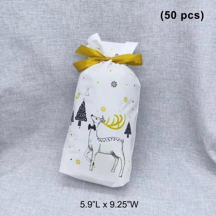 Set of assorted Christmas gift bags with drawstrings, perfect for various holiday presents.