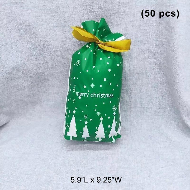 Close-up of a Christmas gift bag with a detailed snowflake design and sturdy drawstring.