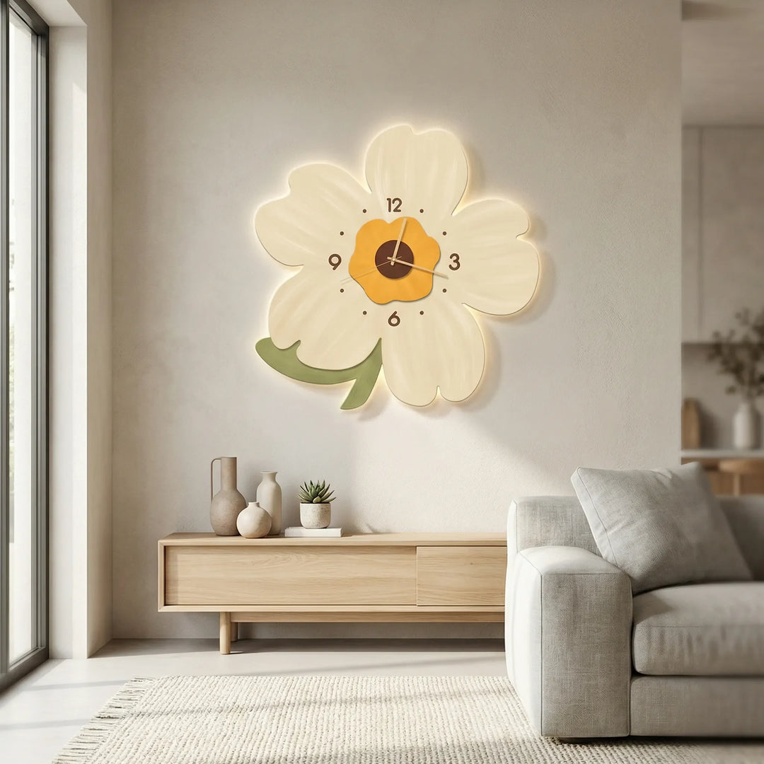 Decorative flower wall clock, elegant home accent with floral design for living room decor.