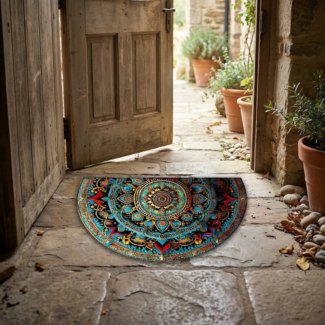 Decorative half-round mandala doormat for entryways. Indoor/outdoor, non-slip, washable. Flowique wave design.